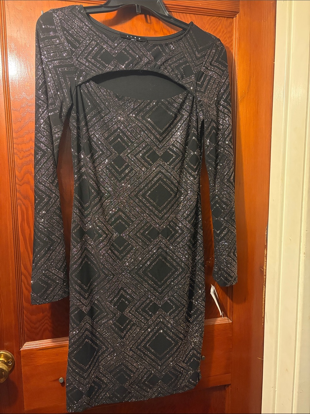 Snap Black Geometric Sparkle Long-Sleeve Cutout Dress (rose gold)
